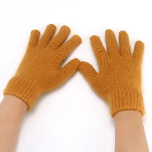 Solid color fuzzy knit gloves, warm winter wool five-finger gloves for women and daily wear.