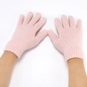 Pink knit rabbit hair five finger gloves detail view, autumn and winter warm wrist guard.