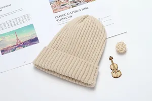 Beige ribbed knit beanie hat winter warm soft casual solid color pull-on cap for women
