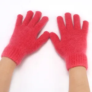 Cozy pink fuzzy knitted five-finger gloves winter warm rabbit hair wool thermal mittens