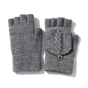 Grey knit convertible half finger gloves winter warm cable knit mittens with button for typing.