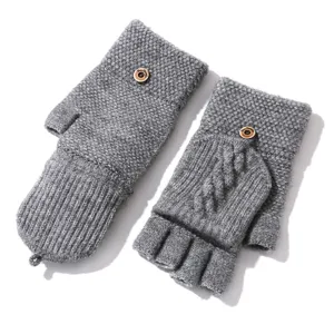 Grey knitted convertible half-finger gloves for winter warmth, stylish cable knit design.
