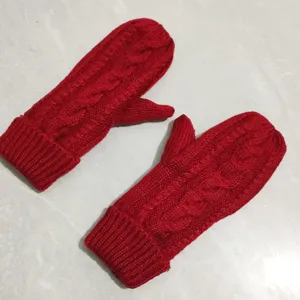 Cozy red thick knit winter warm mittens for women, cute double layer plush thermal gloves.