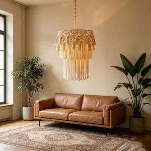 Bohemian handmade cotton rope chandelier detail, vintage woven hanging lamp for cozy living room.