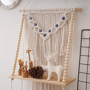 Macrame Wall Hanging Shelf Bohemian Woven Tapestry with Wooden Beads Evil Eye Decor