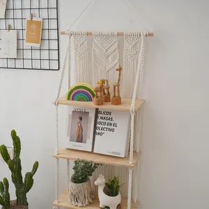 Nordic Bohemian handmade woven macrame 3-tier wooden wall hanging shelf for bedroom decor.