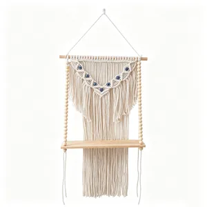Nordic bohemian handmade macrame wall hanging shelf with wooden beads and blue eye decor.