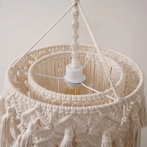 Close-up detail shot of handmade woven cotton rope pendant lampshade boho home decor