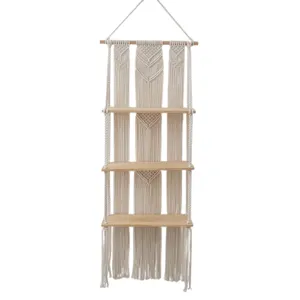 Boho handmade macrame wall hanging 3-tier wooden shelf for bedroom living room decor.