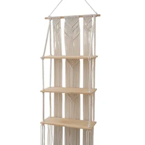 Boho 3-Tier Woven Wall Shelf Macrame Hanging Wooden Floating Storage Rack For Room Decor