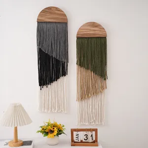 Boho macrame wall hanging tapestry, handmade woven cotton tassel home decor for living room.