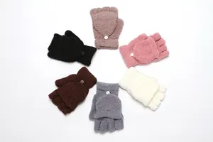 Womens fleece convertible fingerless gloves winter warm half finger mitten multi color