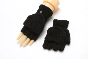 Close-up detail of black fleece convertible fingerless gloves showing flip top design.