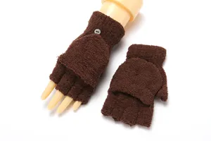 Brown fleece convertible fingerless gloves detail view, soft winter hand warmer.