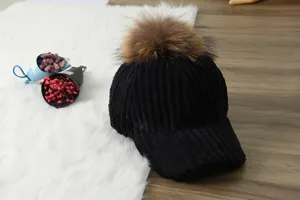 Women winter warm corduroy baseball hat with large fluffy fur pom pom thick striped cap