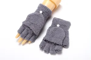 Grey fleece convertible fingerless gloves detail shot showing soft texture and cute button.