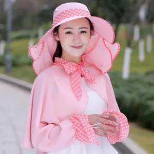 Women pink sun protection hat shawl set outdoor summer UV block breathable stylish apparel detail
