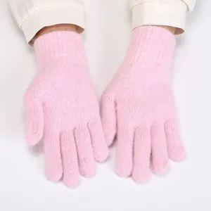Pink rabbit hair knit gloves for women, winter warm five-finger gloves soft and cozy.