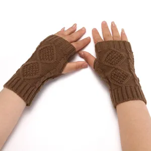 Brown cable knit fingerless gloves for women and men winter warm thermal arm warmers.