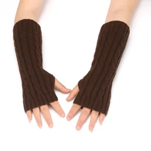 Gants tricotés marron sans doigts longues mitaines d'hiver chauffe-bras thermiques