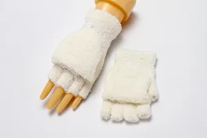 White fleece fingerless flip gloves detail view, warm winter half-finger convertible mitten style