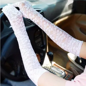 Women Long Lace Sunscreen Gloves UV Protection Driving Five Finger Gloves Elegant Formal Dress Lace Arm Sleeves