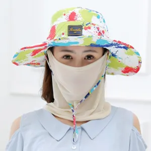 Close up of UV protection sun hat with breathable face cover for outdoor summer activities.