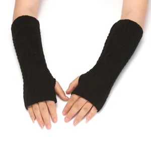 Black knit arm warmers fingerless gloves with diamond pattern for winter warm wear.