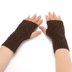 Brown cable knit fingerless gloves for women and men, winter warm half finger knit arm warmers.