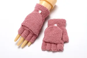 Women fleece convertible fingerless gloves winter warm half finger flip cover mittens pink