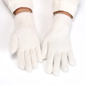 White knitted plush gloves for women winter warm five-finger solid color stylish warm