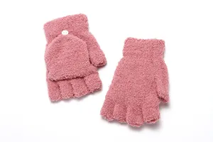 Plush convertible fingerless gloves for women, cozy winter warm half finger mittens pink.