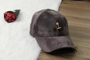 Grey velvet baseball cap with metal chain detail, stylish couple hat for daily sun protection.