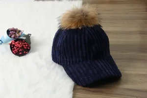 Women corduroy baseball cap with large fluffy pom pom winter warm hat casual solid color