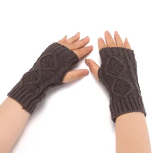 Cozy brown knit fingerless gloves, classic cable diamond pattern, warm winter arm warmers.