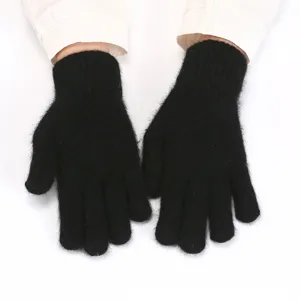 Women winter thick rabbit hair knit gloves solid black warm five finger gloves cozy