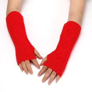 Red knitted fingerless gloves arm warmers, winter warm wool sleeves with diamond pattern.