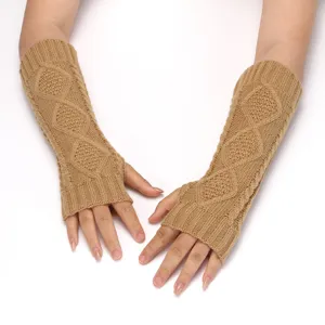 Knit fingerless gloves winter warm arm warmers cable knit long sleeves cute khaki mittens for women