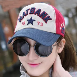 Colorblocked baseball cap with embroidered star and text, casual streetwear hat for women.