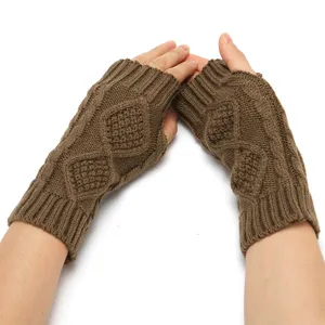 Winter warm knitted fingerless gloves for women and men, stylish diamond pattern short sleeves.