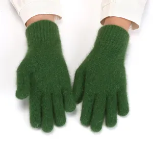 Women winter warm green knitted gloves thick fuzzy five finger thermal mittens soft apparel
