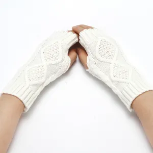 White knitted fingerless gloves for women men winter warm short arm warmers diamond pattern