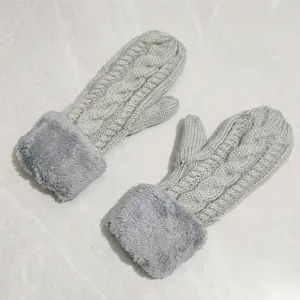 Cozy winter cable knit mittens with plush cuffs, warm fleece lined outdoor thermal gloves for women.