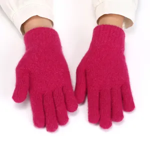 Detail view of women winter warm thick rabbit hair knitted gloves five finger solid color fashion