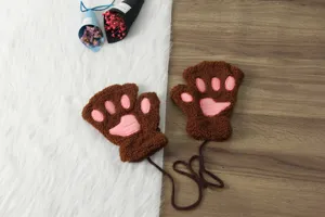 Cozy winter plush half-finger gloves with cute pink cat paw pads and hanging cord.
