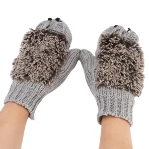 Women's cute hedgehog fleece-lined knit mittens for warm autumn and winter daily wear style.