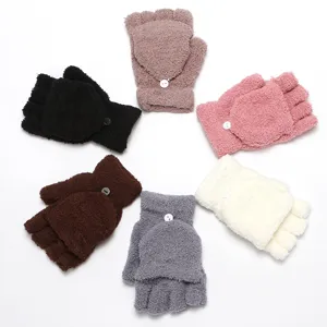 Women Winter Warm Polar Fleece Flip Top Fingerless Gloves Solid Color Thickened Thermal Half Finger Mittens