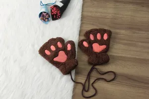 Cute winter brown plush cat bear paw half finger gloves with hanging string warm fluffy gloves