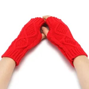 Red knitted fingerless gloves for winter warm cute diamond lattice half finger gloves apparel
