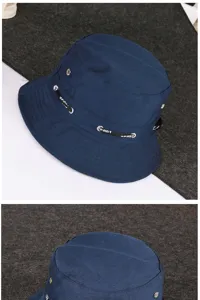 Classic cotton bucket hat in deep blue with sport strap for outdoor sun protection.